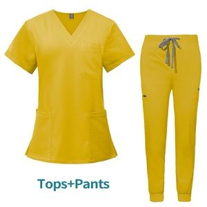 Yellow Joggers scrub set.